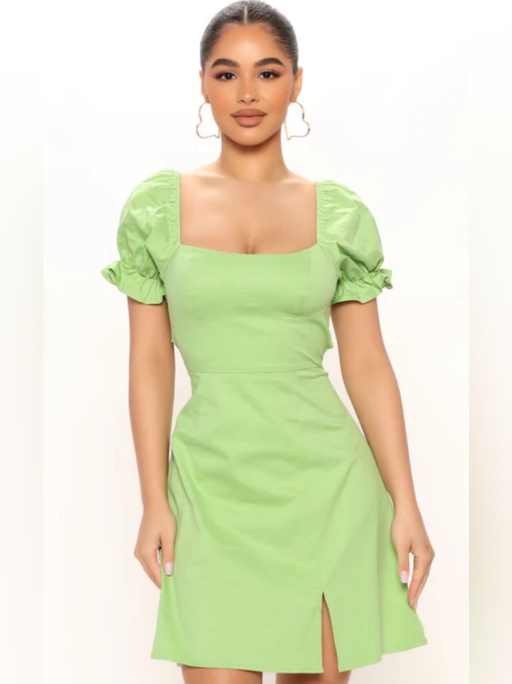 Fashion Nova Lime Green Puff Sleeve Square Neck Mini Dress size XL NWT